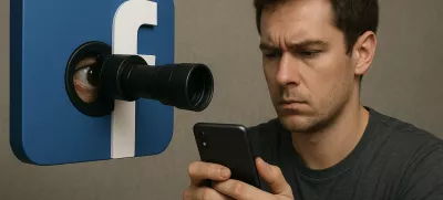 Facebook. vohunjenje. Simbolična fotografija, ustvarjena z umetno inteligenco.