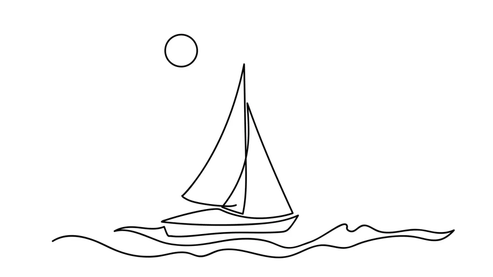 Yachts on sea waves. Seagull in the sky. Continuous line drawing illustration. Isolated on white background / Foto: Juliawhite