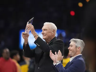 Jun 8, 2025; Oklahoma City, Oklahoma, USA; Don Nelson poses for a photo after receiving the 2025 Chuck Daly Lifetime Achievement Award during the first half during game two of the 2025 NBA Finals at Paycom Center. Mandatory Credit: Kyle Terada-Imagn Images