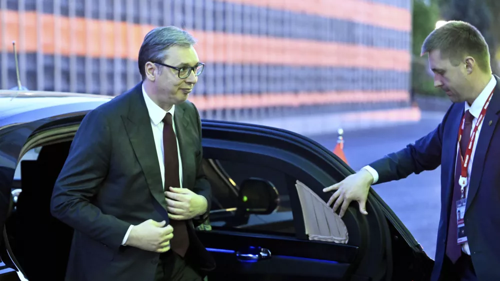 Serbia's President Aleksandar Vucic arrives at the Kremlin for a meeting with Russian President Vladimir Putin, in Moscow, Russia, Friday, May 9, 2025, during celebrations of the 80th anniversary of the Soviet Union's victory over Nazi Germany during the World War II. (Alexander Nemenov/Pool Photo via AP)