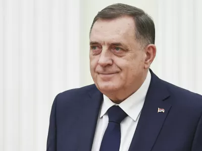 Bosnian Serb President Milorad Dodik attends a meeting with Russian President Vladimir Putin meeting at the Kremlin in Moscow, Russia, Tuesday, April 1, 2025. (Mikhail Tereshchenko, Sputnik, Kremlin Pool Photo via AP)