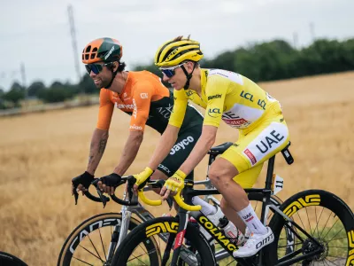 01/07/2024 - Tour de France 2024 - &Eacute;tape 3 - Plaisance / Turin (230,8 km) - MATTHEWS Michael (TEAM JAYCO ALULA), POGACAR Tadej (UAE TEAM EMIRATES)