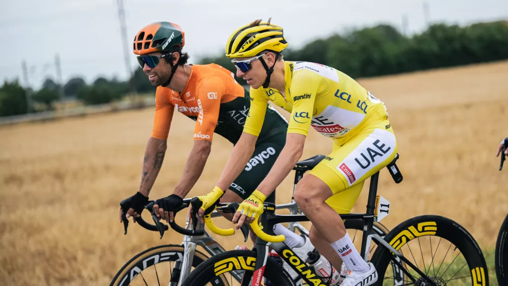 01/07/2024 - Tour de France 2024 - &Eacute;tape 3 - Plaisance / Turin (230,8 km) - MATTHEWS Michael (TEAM JAYCO ALULA), POGACAR Tadej (UAE TEAM EMIRATES)