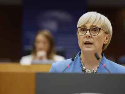 Slovenia's President Natasa Pirc Musar addresses the audience during a plenary session at the European Parliament building in Brussels, Wednesday, May 21, 2025. (AP Photo/Geert Vanden Wijngaert)