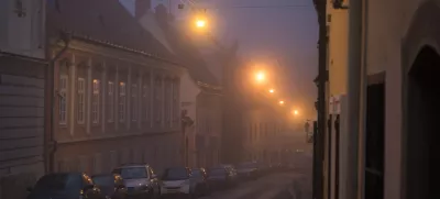 Street in fog in the Upper Town at night in winter, Zagreb, Croatia
