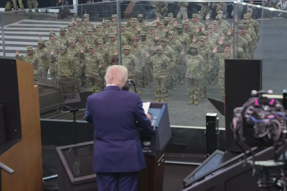 President Donald Trump speaks during a parade to honor the Army's 250th anniversary, coinciding with Trump's 79th birthday, Saturday, June 14, 2025, in Washington. (Doug Mills/The New York Times via AP, Pool)