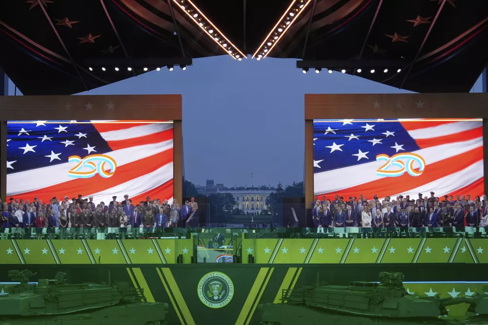 President Donald Trump speaks during a military parade commemorating the Army's 250th anniversary Saturday, June 14, 2025, in Washington. (AP Photo/Julia Demaree Nikhinson)