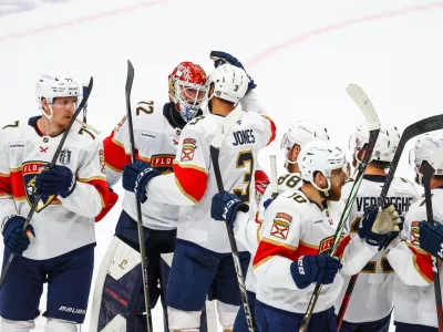 Jun 14, 2025; Edmonton, Alberta, CAN; Florida Panthers goaltender Sergei Bobrovsky (72) celebrate win with teammates against the Edmonton Oilers in game five of the 2025 Stanley Cup Final at Rogers Place. Mandatory Credit: Sergei Belski-Imagn Images