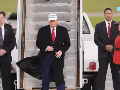 President Donald Trump arrives on Air Force One at Calgary International Airport, Sunday, June 15, 2025, in Calgary, Canada, ahead of the G7 Summit. (AP Photo/Gerald Herbert)