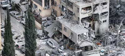 A drone photo shows the damage over residential homes and a school at the impact site following a missile attack from Iran on Israel, in Bnei Brak, Israel June 16, 2025. REUTERS/Chen Kalifa