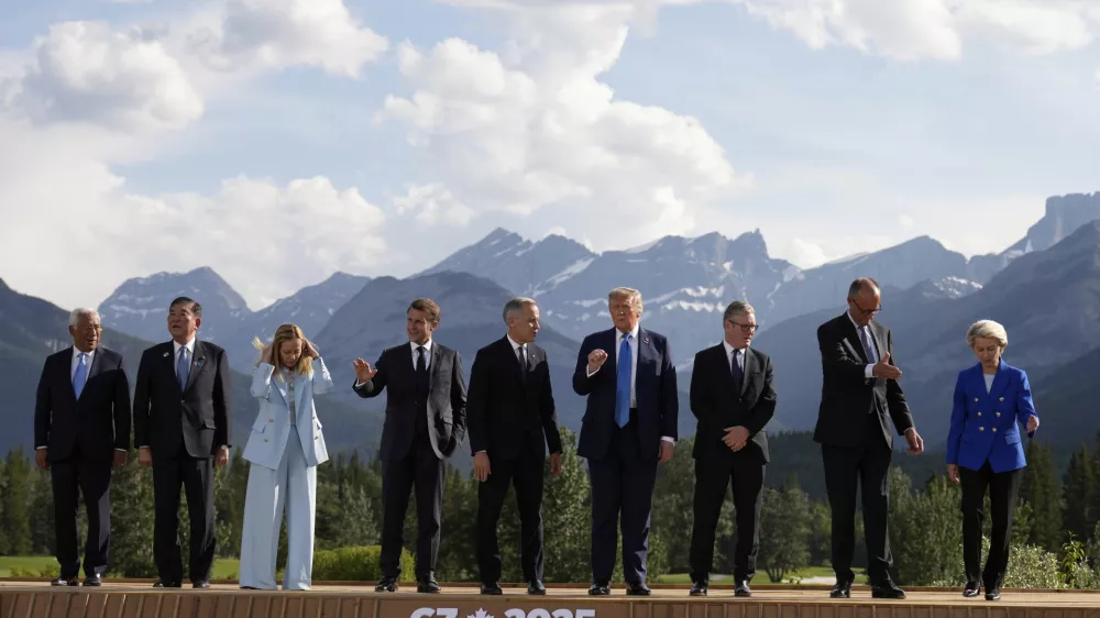 From left, European Council President Antonio Costa, Japan's Prime Minister Shigeru Ishiba, Italy's Prime Minister Giorgia Meloni, France's President Emmanuel Macron, Canada's Prime Minister Mark Carney, President Donald Trump, Britain's Prime Minister Keir Starmer, Germany's Chancellor Friedrich Merz, and European Commission President Ursula von der Leyen depart after a group photo at the G7 Summit, Monday, June 16, 2025, in Kananaskis, Canada. (AP Photo/Mark Schiefelbein)