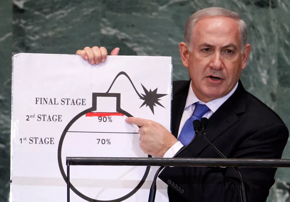 FILE PHOTO: Israel's Prime Minister Benjamin Netanyahu points to a red line he drew on the graphic of a bomb used to represent Iran's nuclear program as he addresses the 67th United Nations General Assembly at the U.N. Headquarters in New York, September 27, 2012. The red line represents a point where he believes the international community should tell Iran that they will not be allowed to pass without intervention. REUTERS/Lucas Jackson (UNITED STATES - Tags: POLITICS)/File Photo