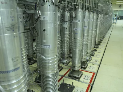 This photo released on Tuesday, Nov. 5, 2019 by the Atomic Energy Organization of Iran shows centrifuge machines in Natanz uranium enrichment facility in central Iran. Iran announced on Monday that had started gas injection into a 30-machine cascade of advanced IR-6 centrifuges in Natanz complex. (Atomic Energy Organization of Iran via AP)