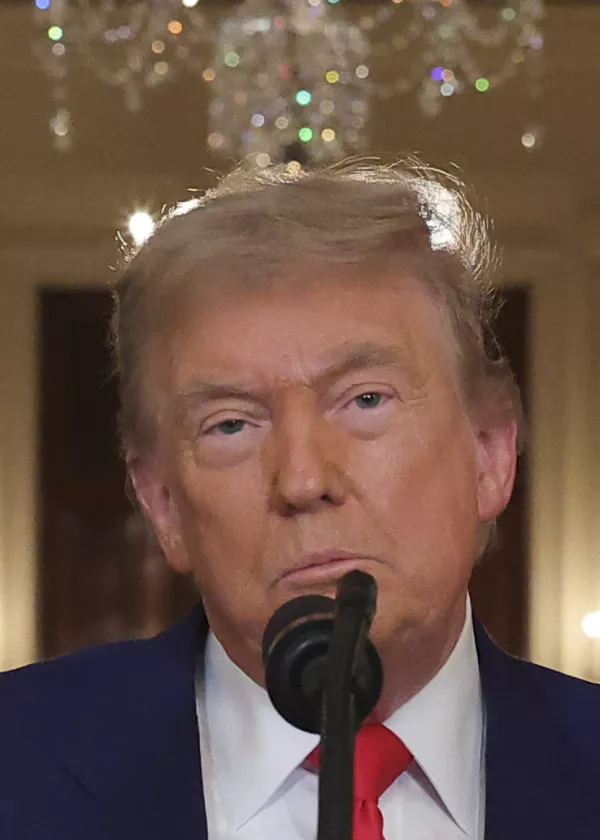 President Donald Trump speaks from the East Room of the White House in Washington, Saturday, June 21, 2025, after the U.S. military struck three Iranian nuclear and military sites, directly joining Israel's effort to decapitate the country's nuclear program. (Carlos Barria/Pool via AP)