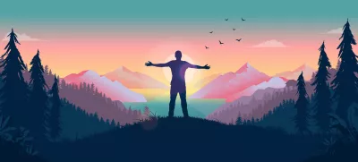 Person standing in front of sun with arms out, watching the beauty of nature and feeling the warmth of the sun. Happiness and personal freedom concept. Vector / Foto: Overearth