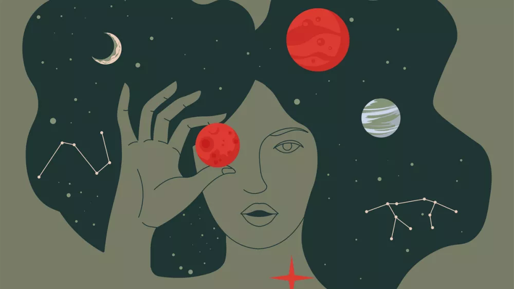 Female character holding planets, surrounded by stars and celestial bodies. Lady portrait in outer space. Exploration or education of astronomy and astrology. Cosmos and universe, vector in flat style / Foto: Sofia Vlasiuk