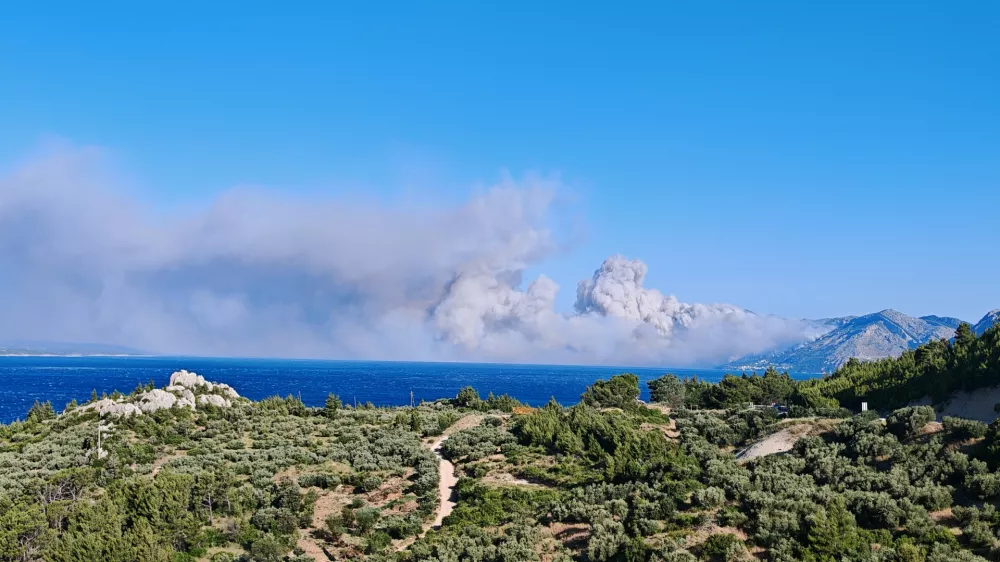 21.06.2025., Makarska - U mjestu Pisak koji se nalazi izmedju Omisa i Makarske izbio je pozar u sumi iznad magistrale. Nestalo je i struja, a avioni i vatrogasci su na terenu. Photo: Matko Begovic/PIXSELL