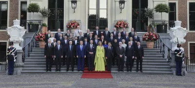 NATO heads of state and government pose for a group photo prior to a formal dinner at the Paleis Huis ten Bosch on the sidelines of the NATO summit in The Hague, Netherlands, Tuesday, June 24, 2025. (Christian Hartmann, Pool Photo via AP)