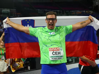 Athletics - European Athletics Championships - Stadio Olimpico, Rome, Italy - June 7, 2024 Slovenia's Kristjan Ceh celebrates after winning the men's discus throw final REUTERS/Kai Pfaffenbach