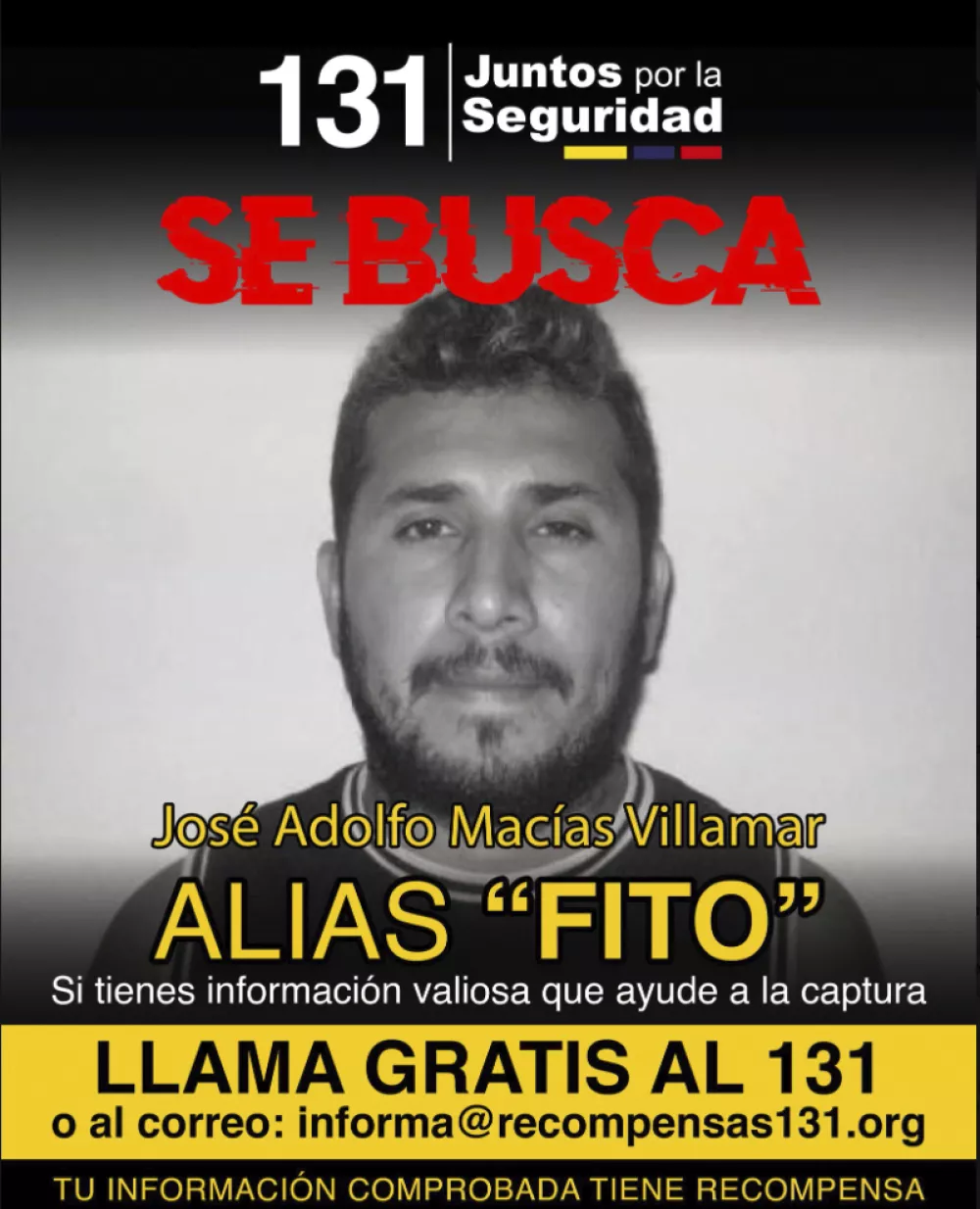FILE - This wanted poster posted on X by Ecuador's Ministry of Interior, Jan. 9, 2024, shows Adolfo Mac&iacute;as, alias Fito, the leader of Los Choneros gang. (Ecuador's Ministry of Interior via AP, File)