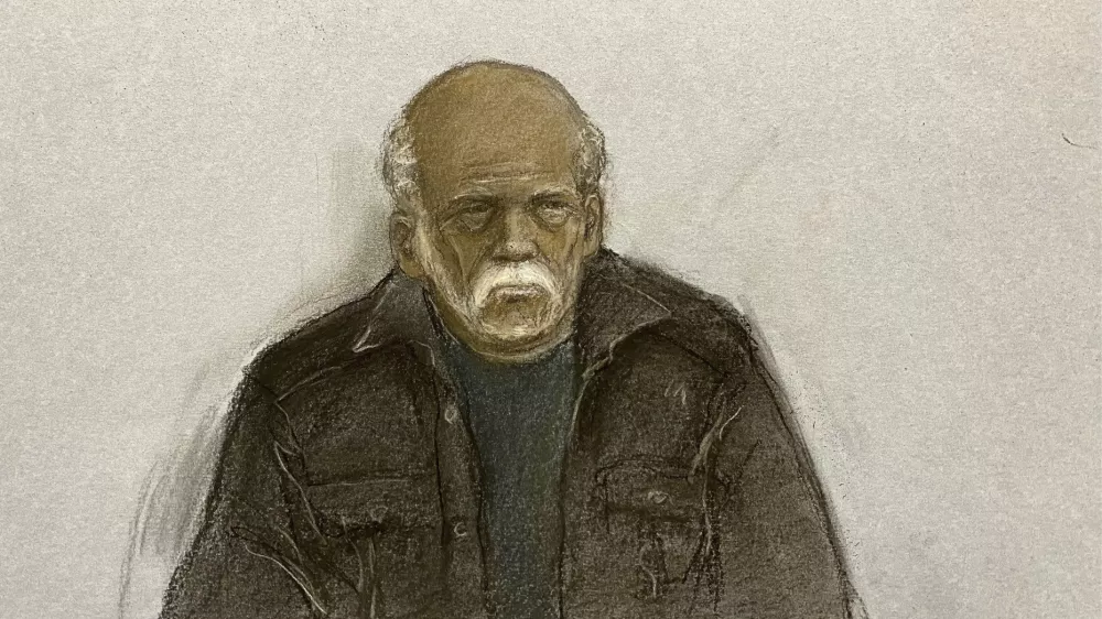FILE - This court artist drawing by Elizabeth Cook shows 92-year-old Ryland Headley appearing via video link at Bristol Magistrates' Court, Nov. 20, 2024. (Elizabeth Cook/PA via AP, file)