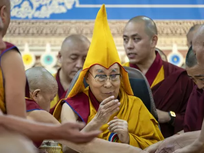 Tibetan spiritual leader the Dalai Lama presides over an event celebrating his 90th birthday according to a Tibetan calendar at the Tsuglakhang temple in Dharamshala, India, Monday, June 30, 2025, ahead of his birthday according to the Gregorian calendar on July 6. (AP Photo/Ashwini Bhatia)