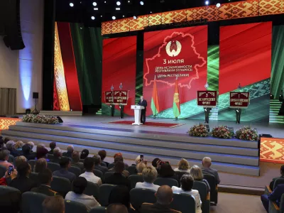 In this photo released by Belarusian Presidential Press Service, Belarusian President Alexander Lukashenko speaks at an assembly in Minsk, Belarus, Tuesday, July 1, 2025, ahead of Belarus Independence Day. (Belarusian Presidential Press Service via AP)