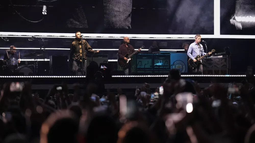 This picture is available for editorial usage only until July 4, 2026 Liam and Noel Gallagher as Oasis takes to the stage at the Principality Stadium, Cardiff, for the band's long-awaited reunion tour kicks off in Wales. Picture date: Friday July 4, 2025.,Image: 1018560547, License: Rights-managed, Restrictions: This picture is available for editorial usage only until July 4, 2026, Model Release: no