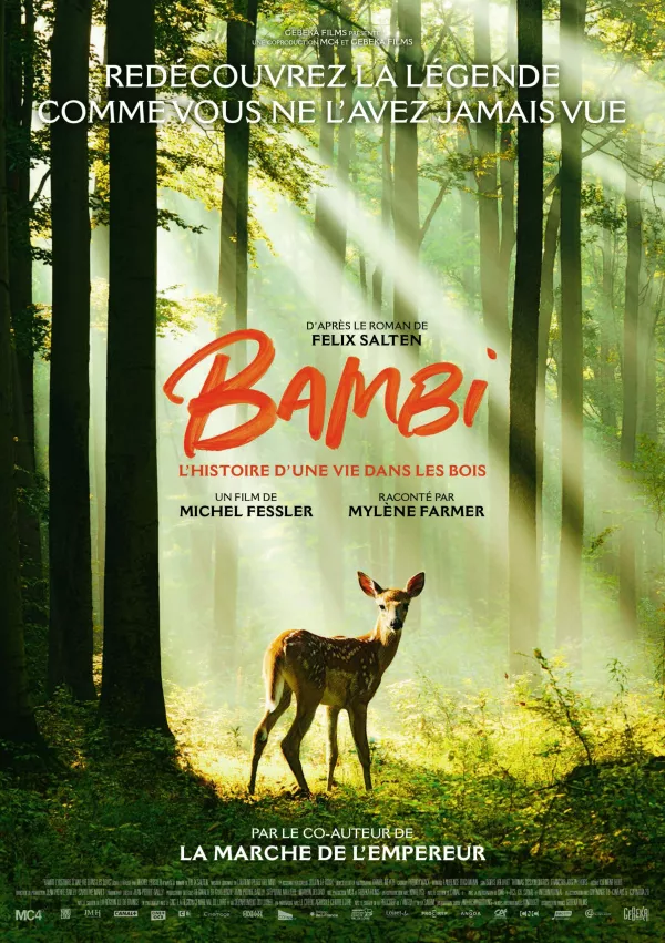 Film, ki ga je lani režiral Michel Fessler, nosi naslov Bambi, l'histoire d'une vie dans les bois (Bambi: A Tale of Life in the Woods) in je francoska igrana adaptacija romana F&eacute;lixa Saltna iz leta 1923. Gre za njegovo prvo celovečerno režijo in scenarij, posnet pa je bil v realnem okolju z živimi živalmi. V ljubljanski Kinodvor je pri&scaron;el aprila. / Foto: Arhiv Kinodvor