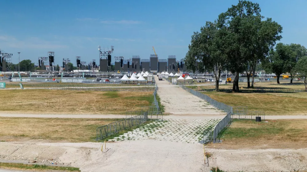 Stage building for the Croatian singer Marko Perkovic Thompson poised to break world record for largest paid concert in Zagreb, Croatia, July 2, 2025. REUTERS/Antonio Bronic
