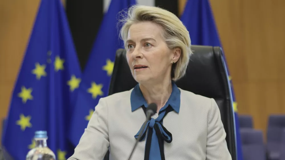 European Commission President Ursula von der Leyen speaks during a strategic dialogue with leaders of the European defense industry at EU headquarters in Brussels, Monday, May 12, 2025. (Olivier Hoslet, Pool Photo via AP)