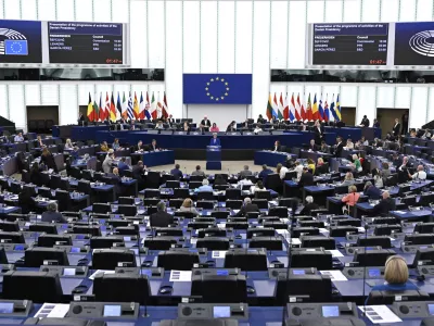 Denmark's Prime Minister Mette Frederiksen delivers her speech as Denmark holds the rotating presidency of the Council of Europe, Tuesday, July 8, 2025 at the European Parliament in Strasbourg, eastern France. (AP Photo/Pascal Bastien)