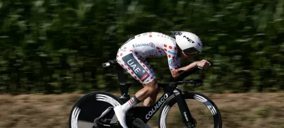 Cycling - Tour de France - Stage 5 - Caen to Caen - Caen, France - July 9, 2025 UAE Team Emirates XRG's Tadej Pogacar in action during the stage 5 time trial REUTERS/Benoit Tessier