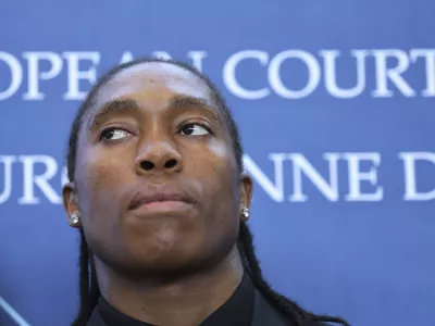 South Africa's Caster Semenya listens to questions after she won a partial victory at the European Court of Human Rights on in her seven-year legal fight against track and field's sex eligibility rules, Thursday, July 10, 2025 in Strasbourg, eastern France. (AP Photo/Antonin Utz)