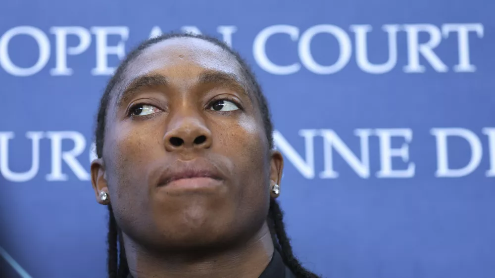 South Africa's Caster Semenya listens to questions after she won a partial victory at the European Court of Human Rights on in her seven-year legal fight against track and field's sex eligibility rules, Thursday, July 10, 2025 in Strasbourg, eastern France. (AP Photo/Antonin Utz)