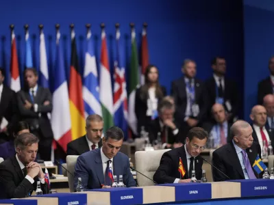 From left, Slovenia's Prime Minister Robert Golob, Spain's Prime Minister Pedro Sanchez, Sweden's Prime Minister Ulf Kristersson and Turkish President Recep Tayyip Erdogan attend a plenary session at the NATO summit in The Hague, Netherlands, Wednesday, June 25, 2025. (AP Photo/Matthias Schrader)