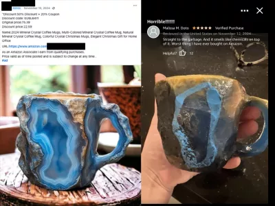 Levo je oglas, ustvarjen z umetno inteligenco, desno pa je izdelek, ki ga je prejel kupec.