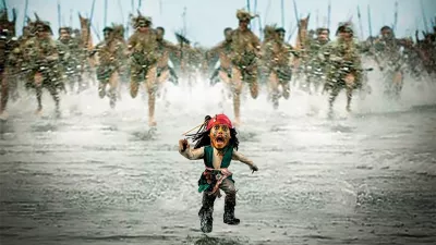 Story from Jam Press (Mini Movies)Pictured: Pirates of the Caribbean. Artist turns celebs into hilarious pint-sized movie stars &ndash; and Dua Lipa's a fanMonterrey-based content creator Oscar Hinojosa has a very particular set of skills &mdash; the kind that involves making movie heroes small enough to fit in your pocket. Using nothing but Photoshop, a well-timed brownie, and the brainchild of one very tiny dog, Oscar has carved out a delightfully odd digital niche: creating "mini celebrities" from film, sport, and pop culture.His inspiration? A pint-sized pup and a weekend experiment with a "special brownie." Oscar recalls staring at his miniature mutt and thinking, "What would I look like if I were that tiny?" One Photoshop session later, he had his answer. Since then, he's miniaturized everyone from Michael J. Fox in Back to the Future to a shrunken Will Smith fending off miniature monsters in I Am Legend. "It's nostalgic and fun," he says."As long as people keep enjoying it, I'll keep creating." And enjoy it, they do. Oscar's micro-makeovers of Gladiator's Russell Crowe wielding a thimble-sized sword, or Cillian Murphy brooding in a baby Peaky Blinders cap, have earned him thousands of likes and a few celebrity reposts. Finneas (Billie Eilish's brother) is a serial sharer, and Oscar suspects he might be using the mini edits to tease his sister. Meanwhile, Dua Lipa gave one of his posts her stamp of approval &mdash; a moment he describes as "surreal."Each piece takes about 30 minutes now (down from an hour), all crafted manually with Adobe Photoshop &mdash; no AI, just old-school YouTube learning. While some edits are a breeze, like a tiny Kevin from Home Alone defending his micro-house, others like his tennis-themed pieces or Cristiano Ronaldo lifting a mouse-sized trophy take time and a perfect shot. And what's the most common reaction? "People love it when I mini someone who's already short. I get comments like, 'Where's the edit?'" Oscar laughs. With over 30,000 likes on some posts and a global fanbase, Oscar (also known as Phetru) proves that no dream is too small &mdash; literally.ENDS,Image: 1020791308, License: Rights-managed, Restrictions:, Model Release: no