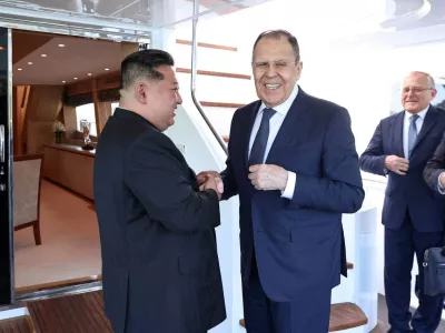 North Korean leader Kim Jong Un shakes hands with Russian Foreign Minister Sergei Lavrov during a meeting in Wonsan, North Korea July 12, 2025. Russian Foreign Ministry/Handout via REUTERS ATTENTION EDITORS - THIS IMAGE HAS BEEN SUPPLIED BY A THIRD PARTY. NO RESALES. NO ARCHIVES. MANDATORY CREDIT.   TPX IMAGES OF THE DAY