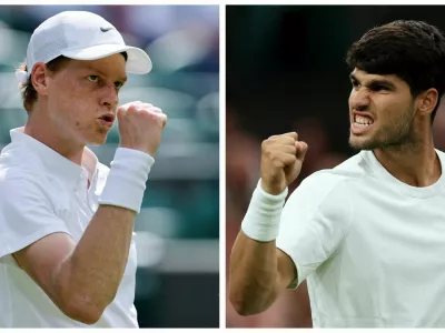 A combination picture shows Italy's Jannik Sinner and Spain's Carlos Alcaraz ahead of the Wimbledon men's singles final. July 12, 2025. REUTERS