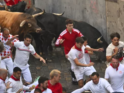 Revelers run alongside La Palmosilla's fighting bulls during the seventh running of the bulls at the San Ferm&iacute;n festival in Pamplona, Spain, Sunday, July 13, 2025. (AP Photo/Miguel Oses)