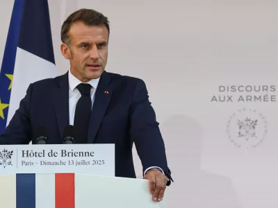 French President Emmanuel Macron speaks to the army leaders at the Hotel le Brienne, Sunday, July 13, 2025, ahead of the Bastille Day parade in Paris. (Ludovic Marin, Pool Photo via AP)