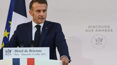 French President Emmanuel Macron speaks to the army leaders at the Hotel le Brienne, Sunday, July 13, 2025, ahead of the Bastille Day parade in Paris. (Ludovic Marin, Pool Photo via AP)