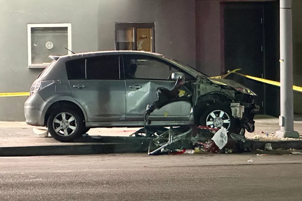 A vehicle that plunged into a crowd outside a nightclub, injuring dozens, is seen on Santa Monica Boulevard in the East Hollywood neighborhood of Los Angeles, California, U.S., July 19, 2025. REUTERS/Jorge Garcia