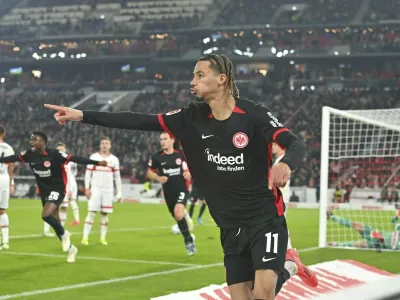 goaljubel Hugo EKITIKE (Eintracht Frankfurt) after goal to make it 0-1, jubilation, joy, enthusiasm, action, single image, cropped single motif, half figure, half figure. Football 1. Bundesliga season 2024/2025, 10th matchday, matchday10, VfB Stuttgart - Eintracht Frankfurt on November 10th, 2024, MHP ARENA. ? Photo by: Frank Hoermann/SVEN SIMON/picture-alliance/dpa/AP Images