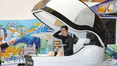 Osaka Governor Hirofumi Yoshimura experiences the "Future Human Washing Machine" at the "Osaka Healthcare Pavilion" of the Osaka Expo in the city of Osaka, Sunday, March 23, 2025. A preview ceremony was held Sunday for the Osaka Healthcare Pavilion to be run by the prefecture and city of Osaka at the 2025 World Exposition, which begins next month in the western Japan city. (Jiji Press),Image: 978740935, License: Rights-managed, Restrictions: Only to be used in news reporting on the relevant subject, Model Release: no