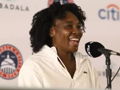 Venus Williams speaks to the media during a news conference at the Citi Open tennis tournament Sunday, July 20, 2025, in Washington. (AP Photo/Nick Wass)