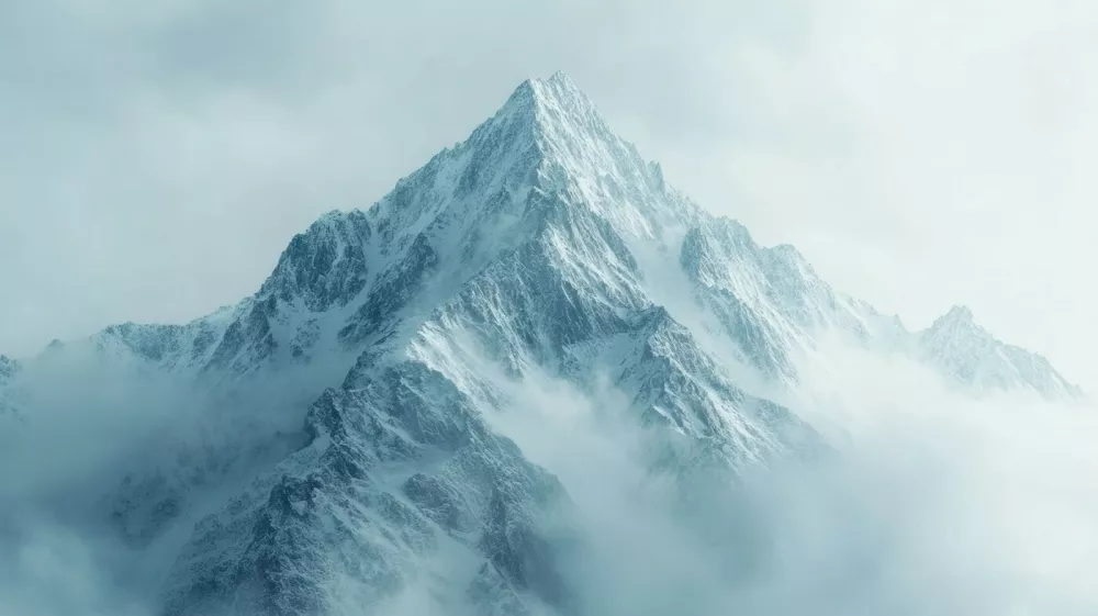 A towering mountain peak rises above the clouds, covered in snow and enveloped by morning mist.,Image: 950517957, License: Royalty-free, Restrictions:, Model Release: noFoto: Profimedia