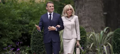FILE - French President Emmanuel Macron and wife Brigitte arrive at 10 Downing Street in London, Wednesday, July 9, 2025.(AP Photo/Alberto Pezzali, Pool, File)