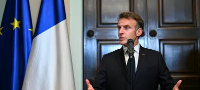 French President Emmanuel Macron speaks at a press conference with German Chancellor Friedrich Merz (not pictured), at Villa Borsig in Berlin, Germany, July 23, 2025. REUTERS/Annegret Hilse